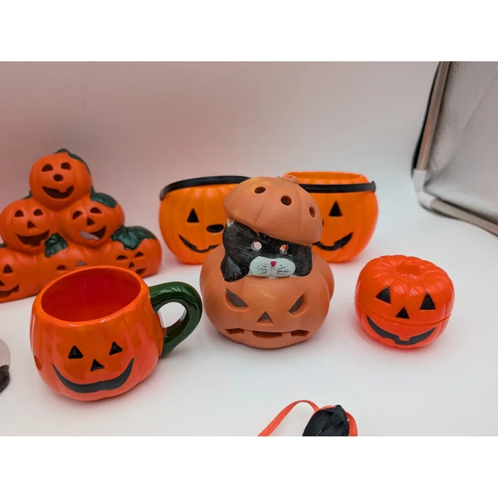 Halloween Decor Lot Orange Jack O Lantern Ghost Cat Figurines Ceramic Magnets